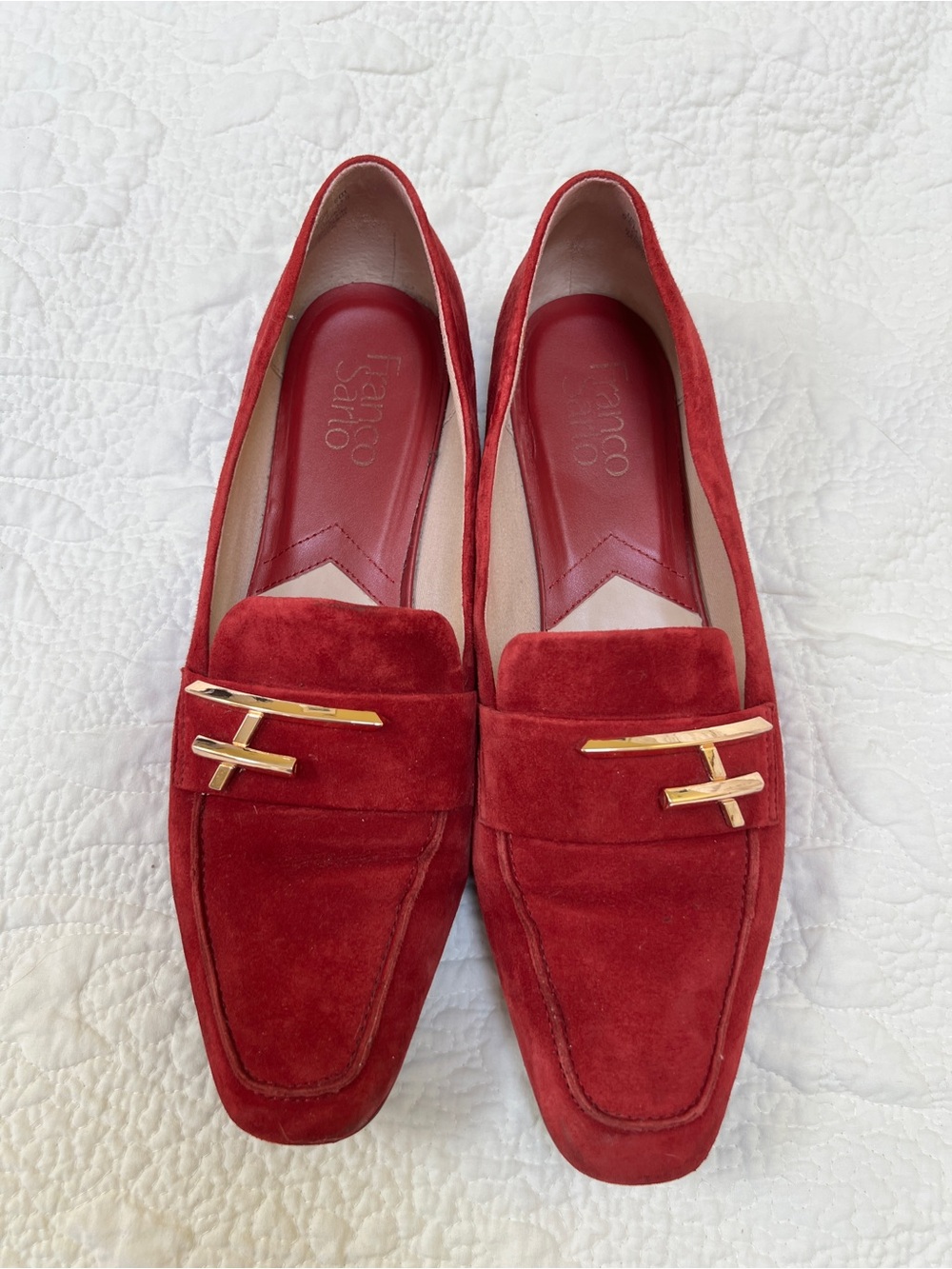 Red Suede Loafers with Gold Accent